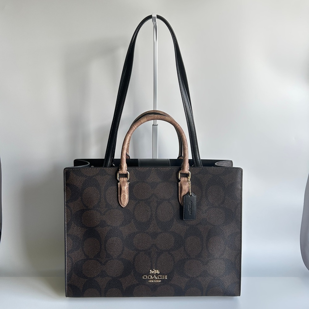 Coach Maggie Large Tote Bag Gold Tan Blocked Signature Canvas CY677